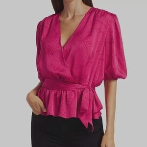 XS • Joie • Floral Surplice Blouse With Self Tie Belt